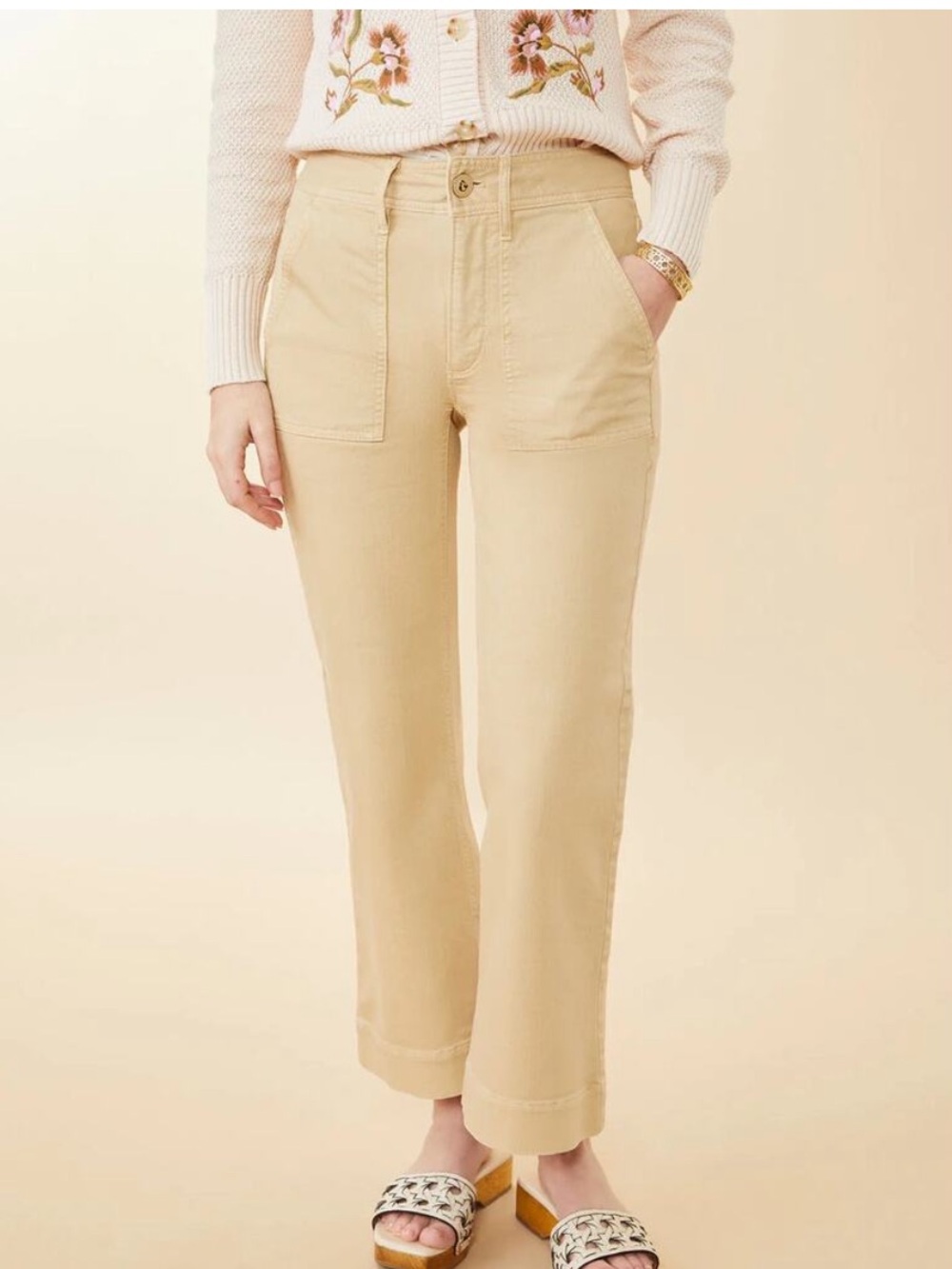 Spartina 449 Howell Tan High-Rise Button cropped wide Leg Pants